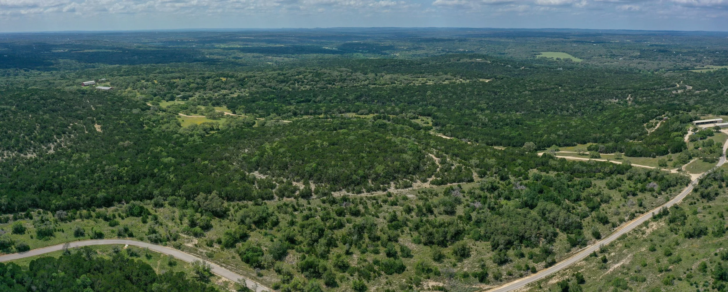 Aerial view of a green, forested landscape with roads and clearings, extending to the horizon under a partly cloudy sky.