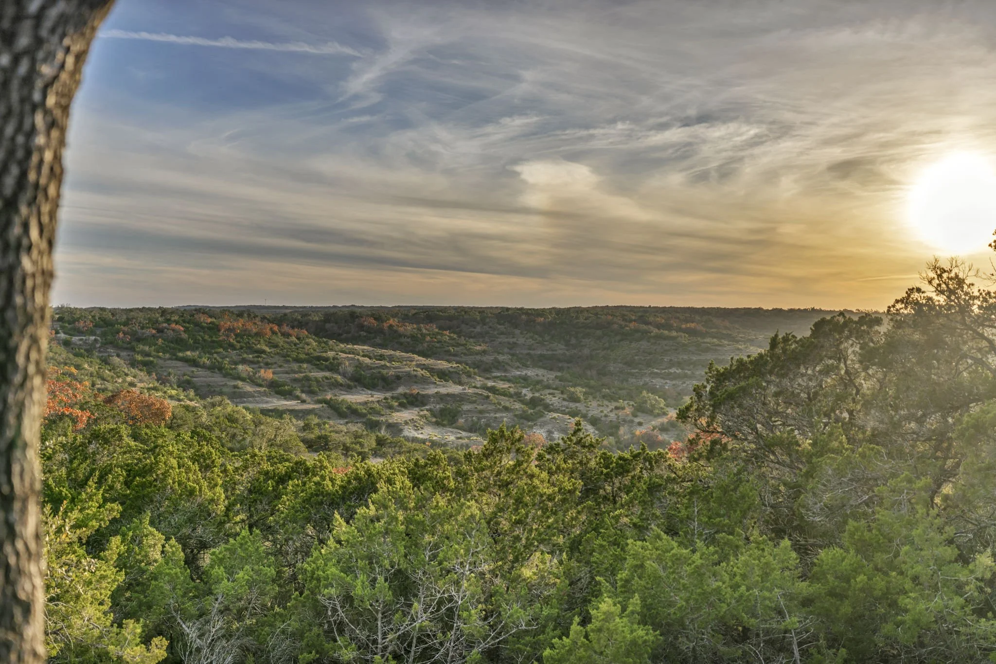 Sunset over a green, hilly landscape with trees in the foreground and layered hills in the background under a partly cloudy sky.
