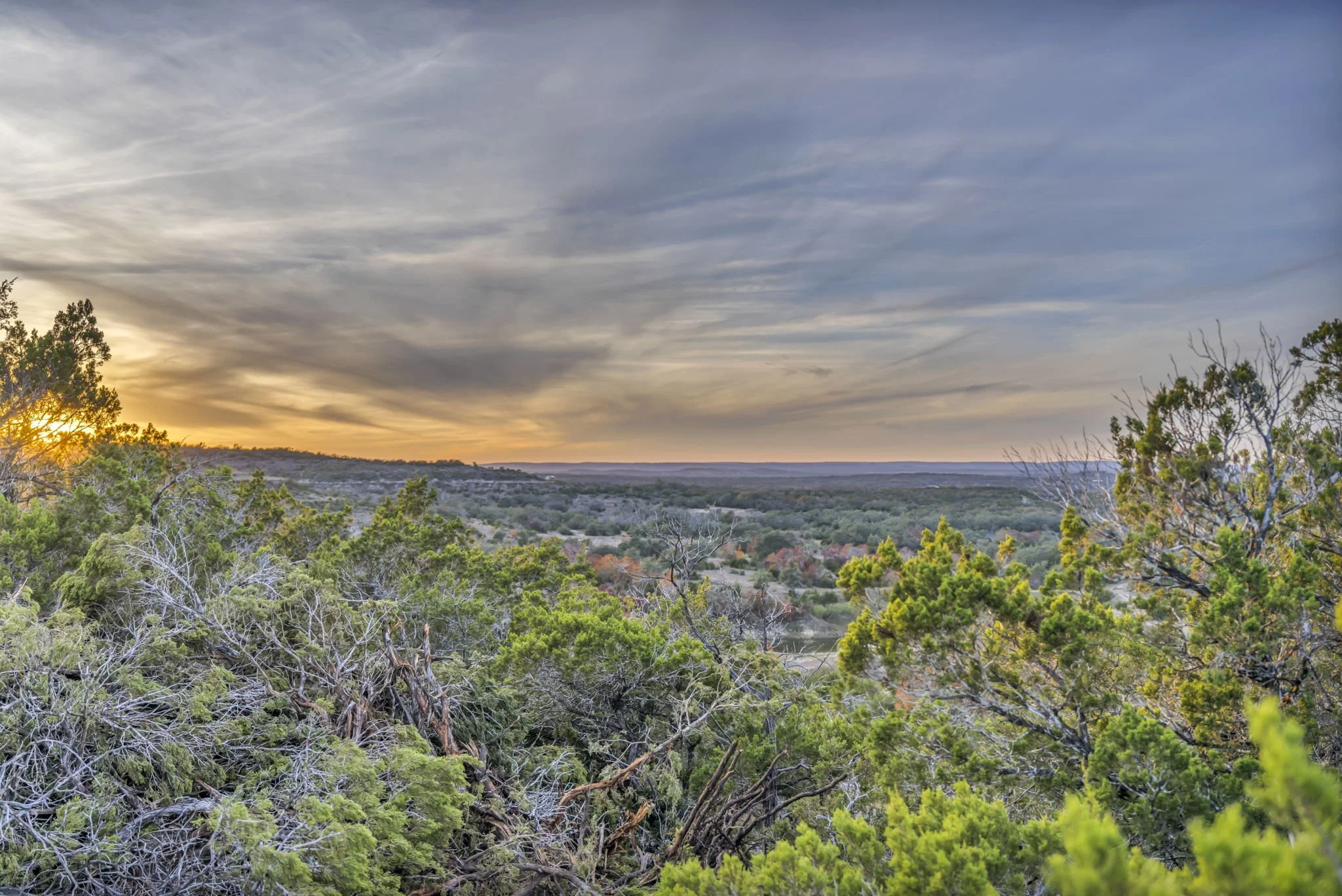 Sunset over a hilly landscape with a dense forest of green trees in the foreground and a partly cloudy sky.