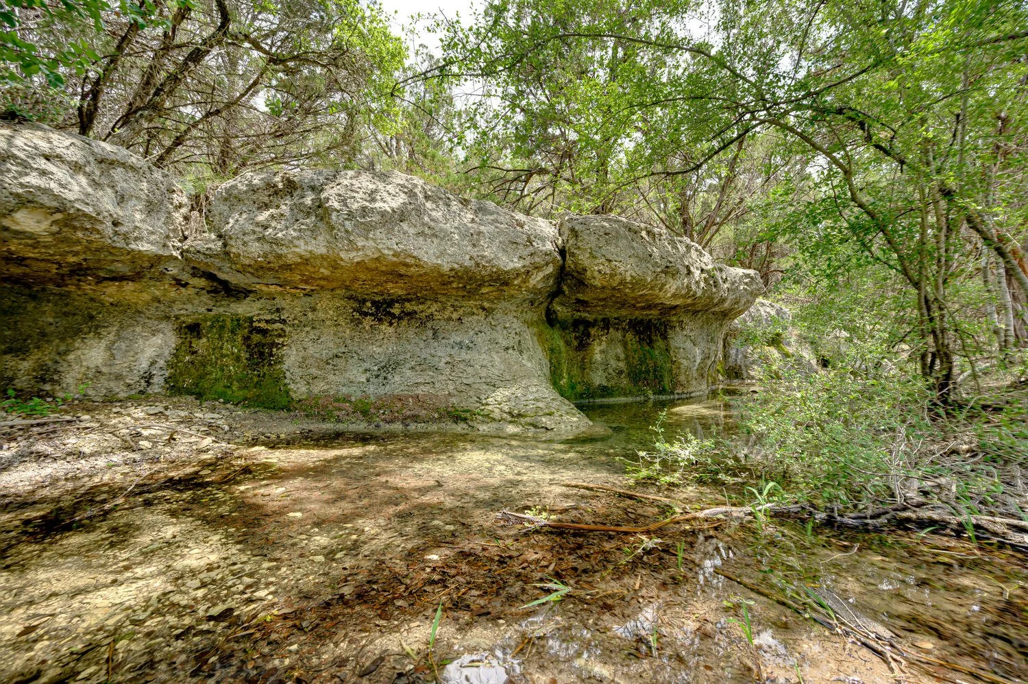 Large rocks and boulders along a shallow, clear creek in a forest with green trees and foliage.