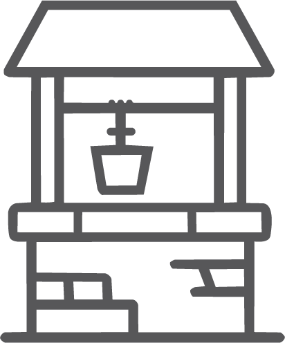 A well with a wooden roof and a bucket hanging from a crank mechanism.
