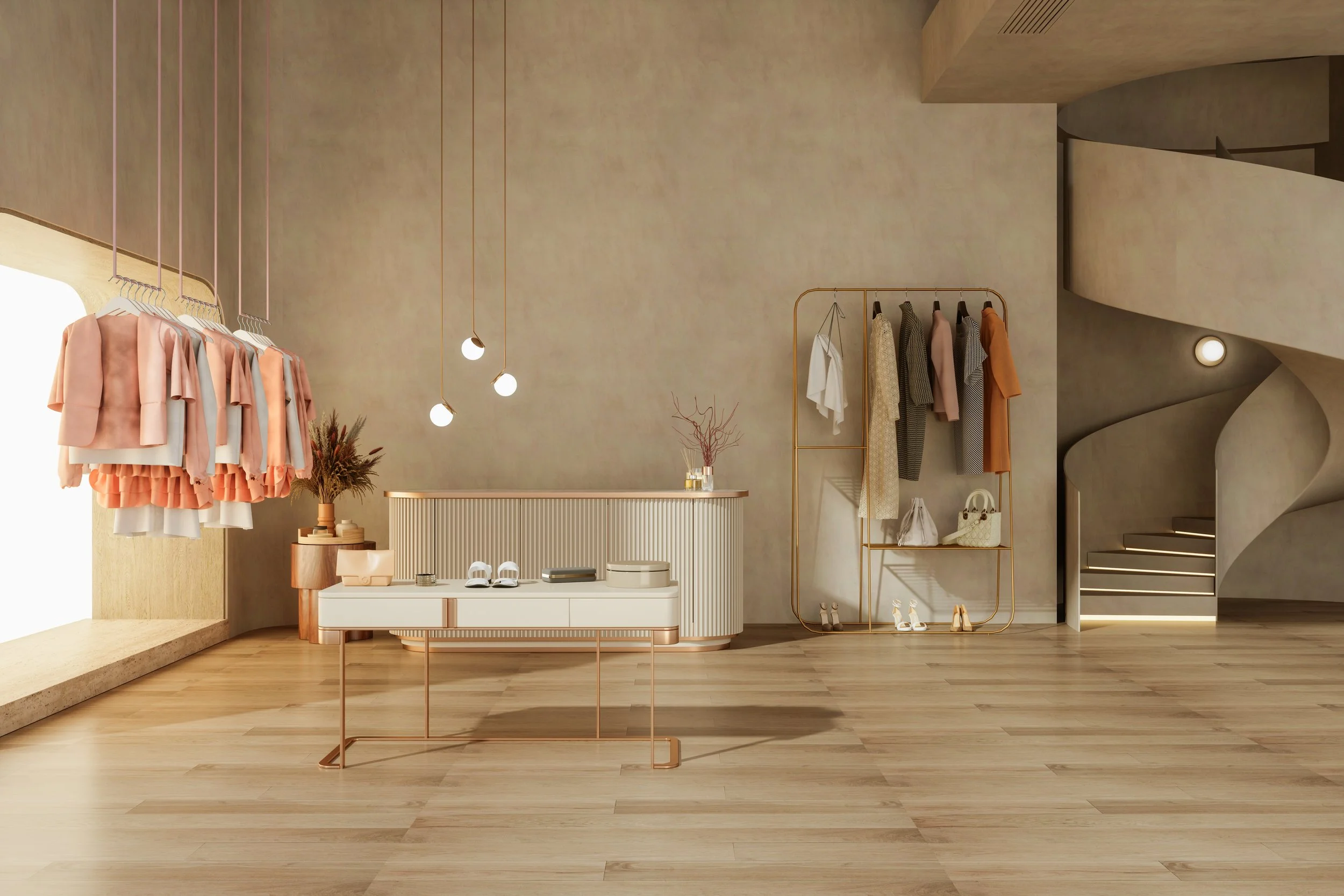 A minimalist boutique with pastel-colored clothing display, modern hanging lights, a small table with shoes and accessories, and a curved staircase in the background.
