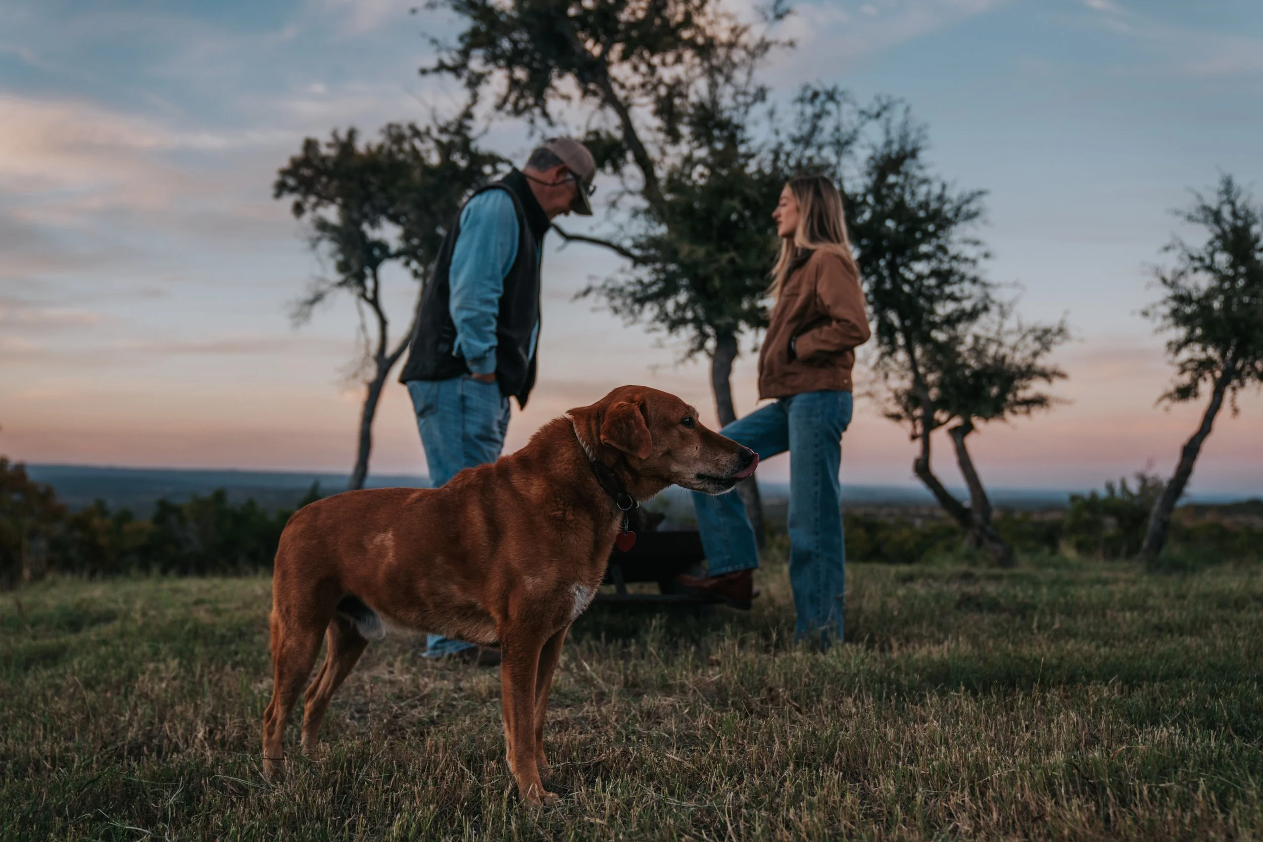 A man and woman standing outdoors during sunset with a brown dog in the foreground, trees and a scenic landscape in the background.